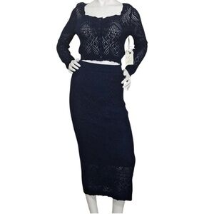 Freshman 1996 Navy Blue Crochet Knit Cardigan & Skirt Set Size M